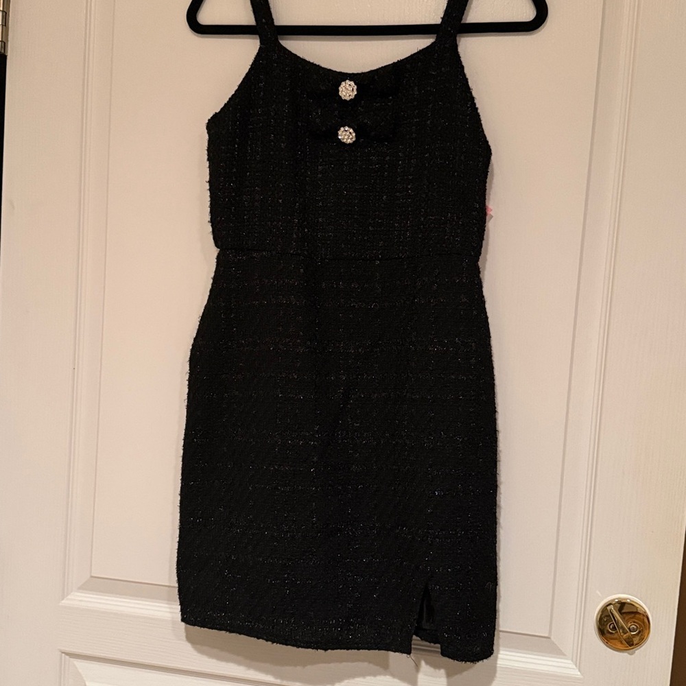 Rare Editions Girls 16 Black Lurex  Mini Dress with Bow Detail Diamond buttons